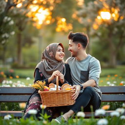 A romantic scene of a couple in a beautiful park during sunset