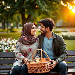 A romantic scene of a couple in a beautiful park during sunset