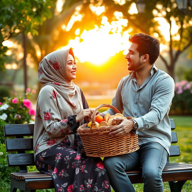 A romantic scene of a couple in a beautiful park during sunset