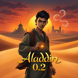 A dramatic book cover depicting the adventurous journey of Arif, the son of Aladdin, in a mystical Arabian desert landscape