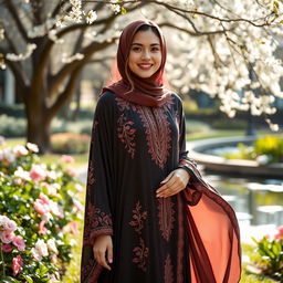 A beautiful young woman wearing a flowing, intricately designed abaya, standing in a serene garden with blooming flowers and lush greenery