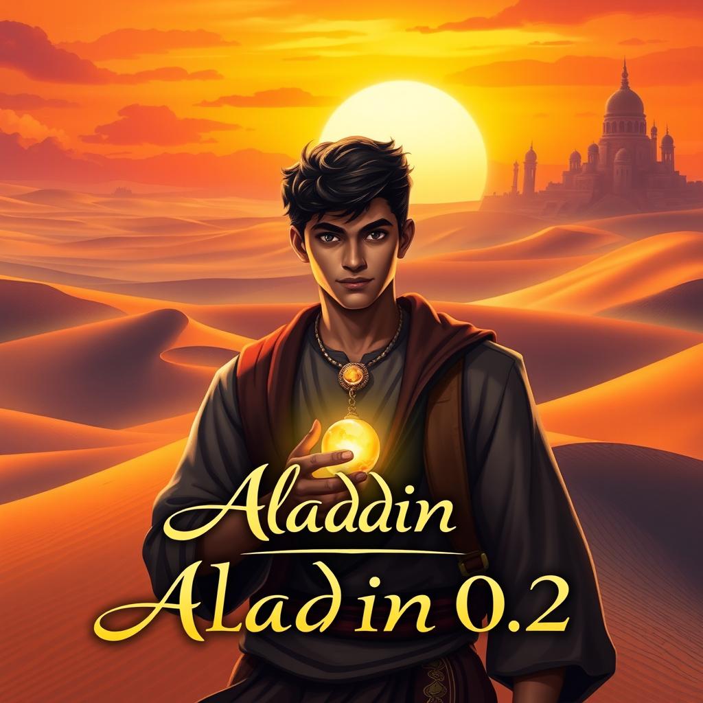 A dramatic book cover depicting the adventurous journey of Arif, the son of Aladdin, in a mystical Arabian desert landscape