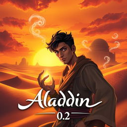 A dramatic book cover depicting the adventurous journey of Arif, the son of Aladdin, in a mystical Arabian desert landscape