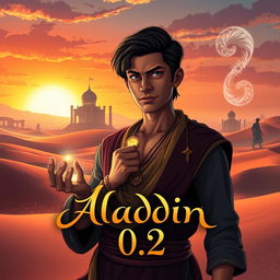 A dramatic book cover depicting the adventurous journey of Arif, the son of Aladdin, in a mystical Arabian desert landscape