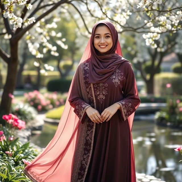 A beautiful young woman wearing a flowing, intricately designed abaya, standing in a serene garden with blooming flowers and lush greenery