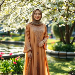 A beautiful young woman wearing a flowing, intricately designed abaya, standing in a serene garden with blooming flowers and lush greenery