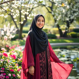 A beautiful young woman wearing a flowing, intricately designed abaya, standing in a serene garden with blooming flowers and lush greenery