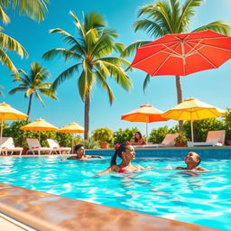 A serene and vibrant swimming scene depicting a sunlit swimming pool surrounded by lush greenery