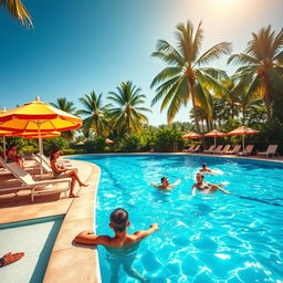 A serene and vibrant swimming scene depicting a sunlit swimming pool surrounded by lush greenery