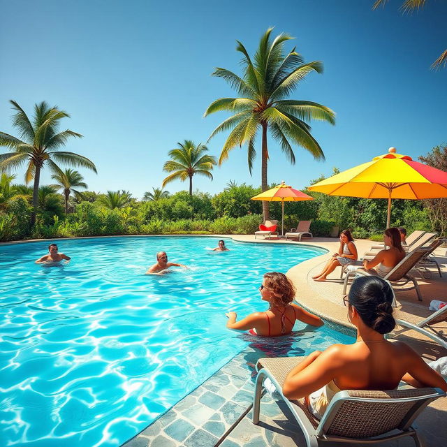 A serene and vibrant swimming scene depicting a sunlit swimming pool surrounded by lush greenery