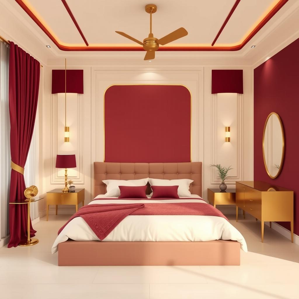 An unfurnished bedroom interior showcasing a stylish design theme, featuring a color palette of rich maroon, soft cream, and subtle touches of golden accents