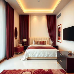 An unfurnished bedroom interior showcasing a stylish design theme, featuring a color palette of rich maroon, soft cream, and subtle touches of golden accents