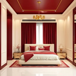 An unfurnished bedroom interior showcasing a stylish design theme, featuring a color palette of rich maroon, soft cream, and subtle touches of golden accents