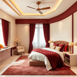 An unfurnished bedroom interior showcasing a stylish design theme, featuring a color palette of rich maroon, soft cream, and subtle touches of golden accents