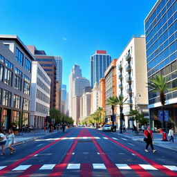 An urban street scene with a vibrant cityscape in the background
