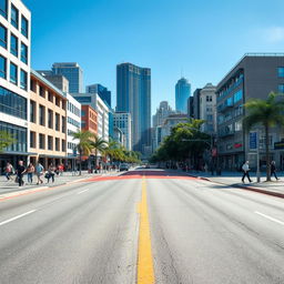 An urban street scene with a vibrant cityscape in the background