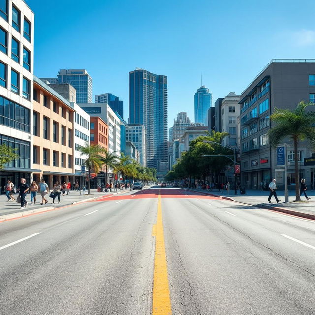 An urban street scene with a vibrant cityscape in the background