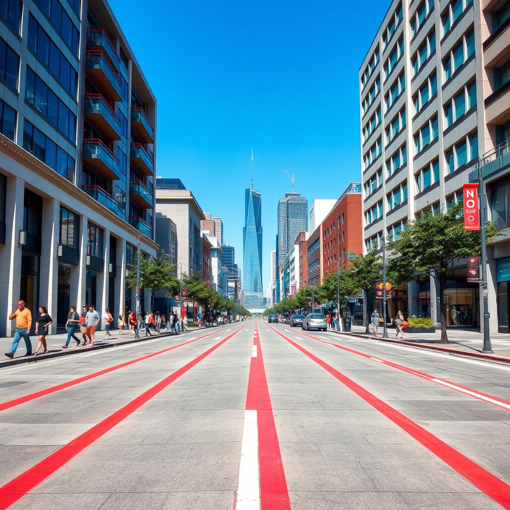 An urban street scene with a vibrant cityscape in the background