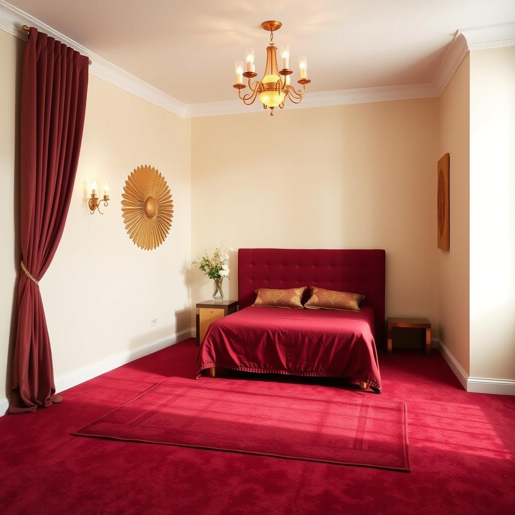 An unfurnished bedroom designed with a color theme of maroon, cream, and touches of golden accents