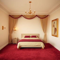 An unfurnished bedroom designed with a color theme of maroon, cream, and touches of golden accents