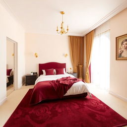 An unfurnished bedroom designed with a color theme of maroon, cream, and touches of golden accents