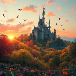 A stunning fantasy landscape featuring a majestic castle atop a hill surrounded by vibrant, colorful trees and a serene lake reflecting the sky
