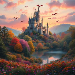 A stunning fantasy landscape featuring a majestic castle atop a hill surrounded by vibrant, colorful trees and a serene lake reflecting the sky