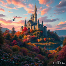 A stunning fantasy landscape featuring a majestic castle atop a hill surrounded by vibrant, colorful trees and a serene lake reflecting the sky