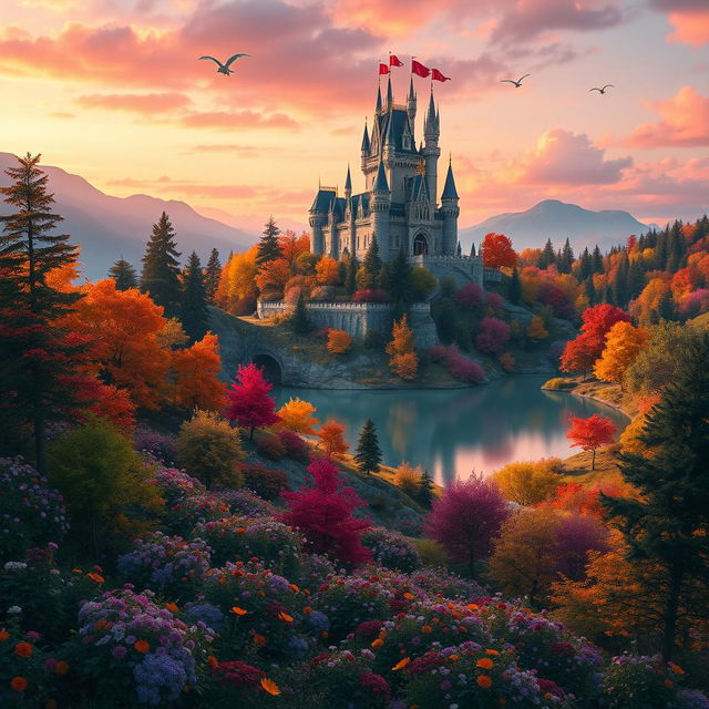 A stunning fantasy landscape featuring a majestic castle atop a hill surrounded by vibrant, colorful trees and a serene lake reflecting the sky