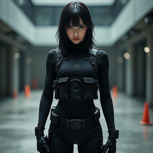 A fierce female Japanese bodyguard, clad in sleek and form-fitting black tactical attire, standing poised and ready for action