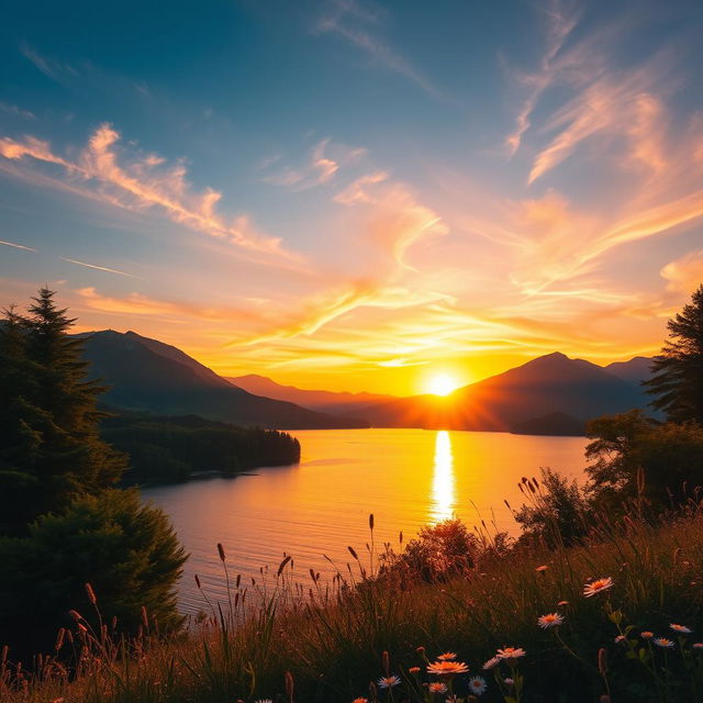 A breathtaking landscape featuring a vibrant sunset over a serene lake, with the sun's golden rays reflecting beautifully off the water