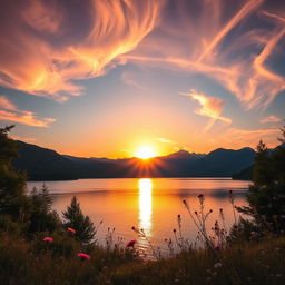 A breathtaking landscape featuring a vibrant sunset over a serene lake, with the sun's golden rays reflecting beautifully off the water