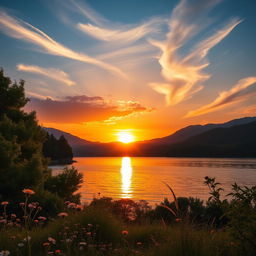 A breathtaking landscape featuring a vibrant sunset over a serene lake, with the sun's golden rays reflecting beautifully off the water