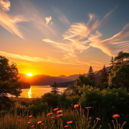 A breathtaking landscape featuring a vibrant sunset over a serene lake, with the sun's golden rays reflecting beautifully off the water