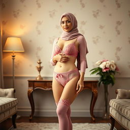 A modestly dressed woman wearing a pink lingerie set and knee-high socks, emphasizing her elegance and sophistication