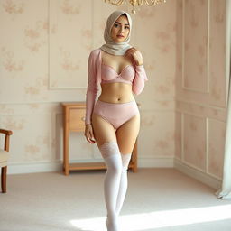 A modestly dressed woman wearing a pink lingerie set and knee-high socks, emphasizing her elegance and sophistication