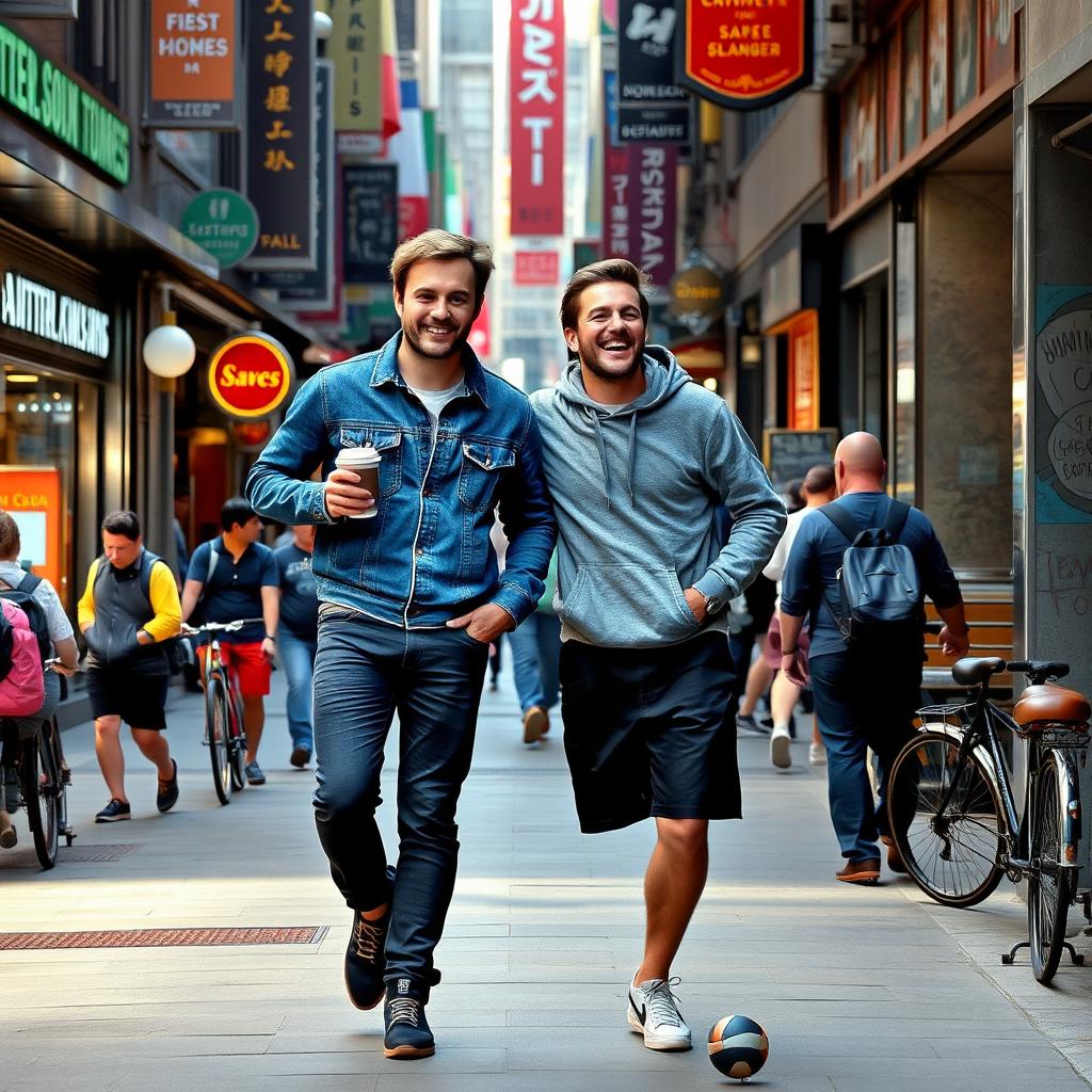 Two men walking side by side on a bustling city street, surrounded by vibrant shops and restaurants