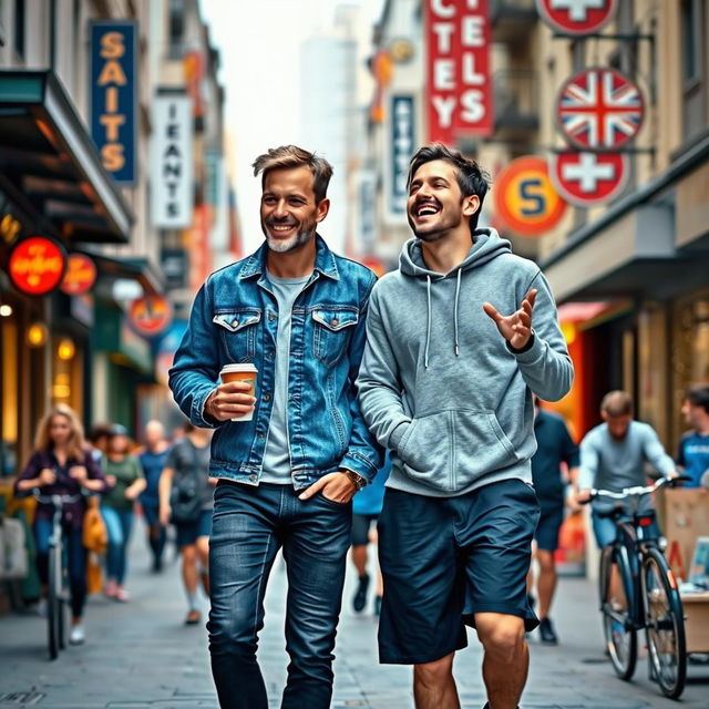 Two men walking side by side on a bustling city street, surrounded by vibrant shops and restaurants