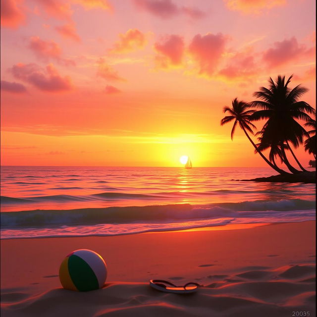 A nostalgic 2005 scene featuring a warm sunset over a tranquil beach, with gentle waves lapping at the shore