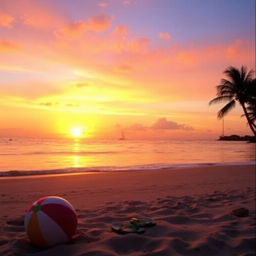 A nostalgic 2005 scene featuring a warm sunset over a tranquil beach, with gentle waves lapping at the shore