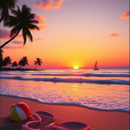 A nostalgic 2005 scene featuring a warm sunset over a tranquil beach, with gentle waves lapping at the shore