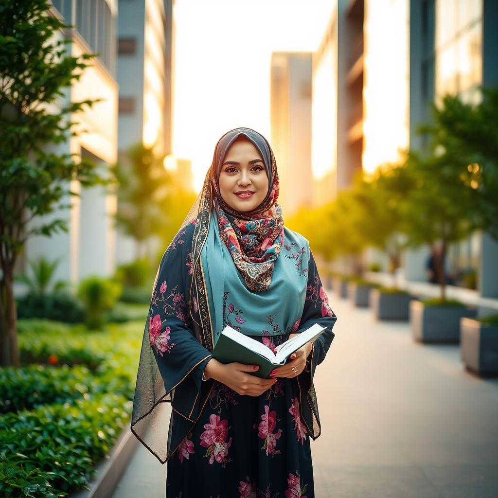 A beautiful hijabi woman standing in an elegant urban environment, wearing a colorful, intricately designed hijab and a flowing dress with floral patterns