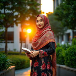 A beautiful hijabi woman standing in an elegant urban environment, wearing a colorful, intricately designed hijab and a flowing dress with floral patterns