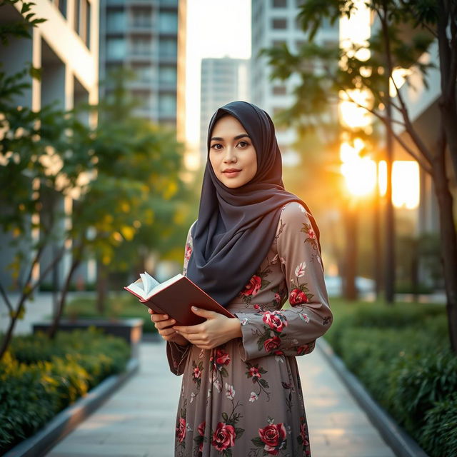 A beautiful hijabi woman standing in an elegant urban environment, wearing a colorful, intricately designed hijab and a flowing dress with floral patterns