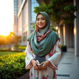 A beautiful hijabi woman standing in an elegant urban environment, wearing a colorful, intricately designed hijab and a flowing dress with floral patterns