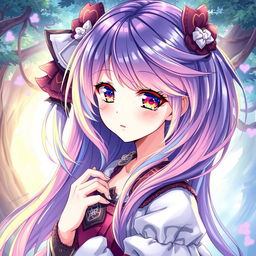 A beautifully stylized illustration of an anime character, with colorful hair, vibrant eyes, and an expressive face, posed in an innocent yet alluring manner