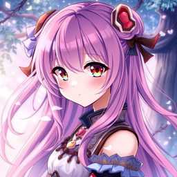 A beautifully stylized illustration of an anime character, with colorful hair, vibrant eyes, and an expressive face, posed in an innocent yet alluring manner