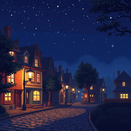 A delightful pixel art scene depicting a small night street in a quaint town, illuminated by warm street lamps casting a soft glow