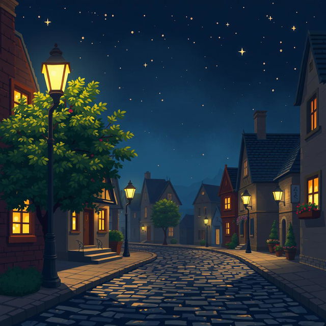 A delightful pixel art scene depicting a small night street in a quaint town, illuminated by warm street lamps casting a soft glow