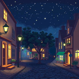 A delightful pixel art scene depicting a small night street in a quaint town, illuminated by warm street lamps casting a soft glow